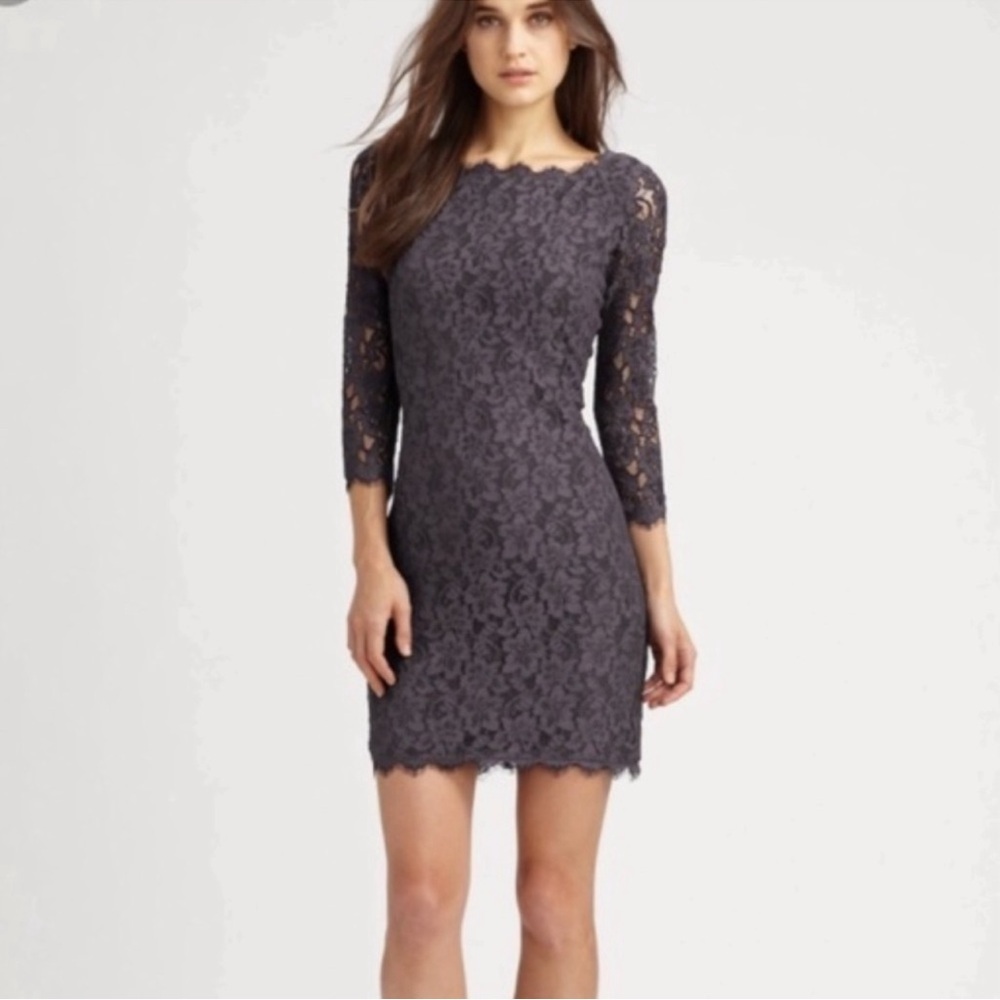 DVF lace Zarita dress in light gray/purple.